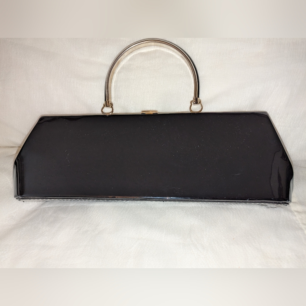Spilene 1950s Patent Vinyl Handbag Bakelite Handle Vintage Black EUC